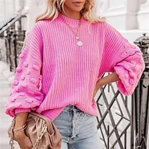 Women's Pullover Sweater jumper Jumper Ribbed Knit Knitted Pure Color Crew Neck Stylish Casual Outdoor Daily Lantern Sleeve Winter Fall Blue Fuchsia S M L / Long Sleeve / Holiday / Regular Fit miniinthebox