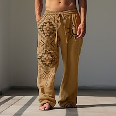 Ethnic Sunfire Vintage Men's Linen Pants Pants Trousers Outdoor Daily Wear Streetwear Cotton Linen Black White Brown S M L Mid Waist Elasticity Pants Lightinthebox
