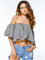 Sexy Off-shoulder Floral Plaid Print Short Sleeve Blouse For Women