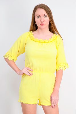 Womens Elbow Sleeve Textured Playsuit Yellow Womens Elbow Sleeve Textured Playsuit Yellow