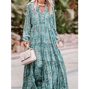 Women's Casual Dress Sheath Dress Print Dress Floral Ditsy Floral Ruffle Patchwork V Neck Midi Dress Fashion Streetwear Outdoor Street Long Sleeve Regular Fit Sky Blue Fall Winter S M L XL XXL Lightinthebox