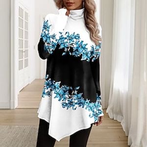 Women's T shirt Tee Red Blue Purple Floral Asymmetrical Print Long Sleeve Holiday Weekend Fashion High Neck Regular Fit Floral Painting Spring   Fall Lightinthebox
