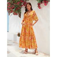 Chiffon Hem Print V Neck Half Sleeve Maxi Dress