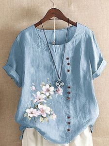 Round Neck Casual Loose Floral Print Short Sleeve Blouse