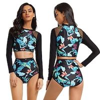 Women's Tankini Two Piece Swimsuit Bathing Suit Floral / Botanical Swimwear Blue UV Sun Protection Breathable Ultraviolet Resistant Long Sleeve - Swimming Surfing Water Sports Autumn / Fall Spring miniinthebox - thumbnail