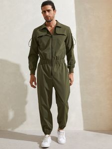 Men Vintage Streetwear Multi-pocket Zip Front Utility Overalls Jumpsuit