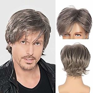 men grey wig short curly fluffy layered natural synthetic cosplay costume wigs for male guy Lightinthebox