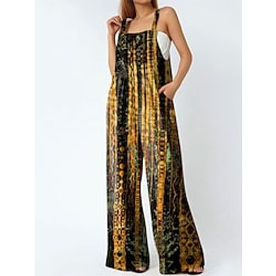 Women's Overall Pocket Print Floral Square Neck Holiday Daily Holiday Regular Fit Sleeveless Black Yellow Navy Blue S M L Summer miniinthebox