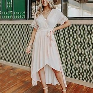 Women's Party Dress Lace Dress Midi Dress Pink Short Sleeve Pure Color Lace up Spring Summer V Neck S M L XL XXL 3XL miniinthebox