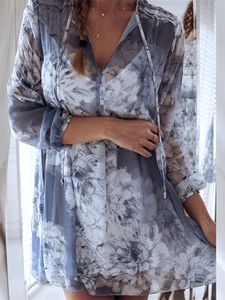 Casual Random Floral Print V-neck Long Sleeves Chiffon Dress