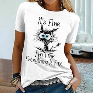 Women's T shirt Tee 100% Cotton Funny Tee Shirt White Yellow Pink Graphic Cat Print Short Sleeve Casual Weekend Basic Round Neck Regular Cotton I'm Fine Everything Is Fine Cat Painting S miniinthebox