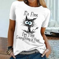 Women's T shirt Tee 100% Cotton Funny Tee Shirt White Yellow Pink Graphic Cat Print Short Sleeve Casual Weekend Basic Round Neck Regular Cotton I'm Fine Everything Is Fine Cat Painting S miniinthebox - thumbnail