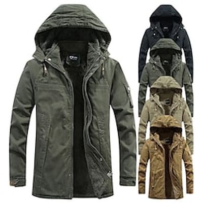 Men's Winter Parka Coat Hiking Fleece Jacket Warm Windbreaker Jacket with Hooded Military Tactical Jacket Outdoor Thermal Windproof Jacket Sports Trench Coat Top Skiing Hunting Fishing ArmyGreen Black miniinthebox