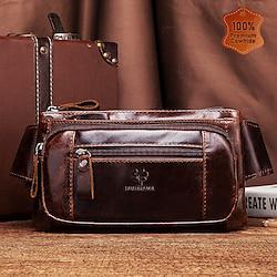 Men's Crossbody Bag Belt Bag Leather Cowhide Outdoor Daily Holiday Zipper Large Capacity Lightweight Solid Color Black Brown Lightinthebox