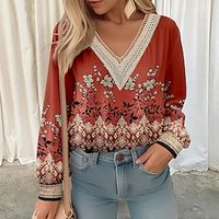 Women's Shirt Blouse Red Floral Lace Trims Print Long Sleeve Casual Holiday Fashion V Neck Regular Fit Floral Spring   Fall N  A Lightinthebox - thumbnail