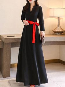 V Neck Plain Belt Maxi Dress