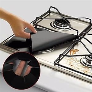 4pcs Reusable Gas Range Protector Gas Stove Burner Safe Non-Sticky and Easy to Clean Teflon Glass Fiber Black Protective Pad for Cleaning Kitchen Tools miniinthebox