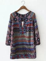 Folk Style Print Long Sleeve Tie V-neck Women Blouses