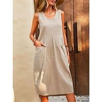 Women's Casual Dress Cotton Linen Dress Tank Dress Midi Dress Linen Cotton Blend Basic Modern Daily Weekend Crew Neck Pocket Sleeveless Summer Spring Loose Fit Navy Blue Blue Brown Plain S M L XL 2XL Lightinthebox