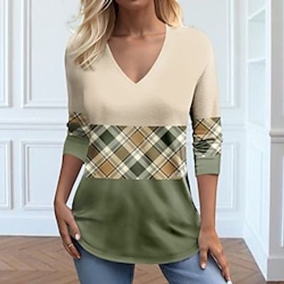 Women's T shirt Tee Pink Blue Green Plaid Print Long Sleeve Daily Weekend Fashion V Neck Regular Fit Painting Spring Fall Lightinthebox Women's T shirt Tee Pink Blue Green Plaid Print Long Sleeve Daily Weekend Fashion V Neck Regular Fit Painting Spring Fall Lightinthebox