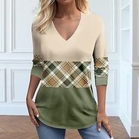 Women's T shirt Tee Pink Blue Green Plaid Print Long Sleeve Daily Weekend Fashion V Neck Regular Fit Painting Spring   Fall Lightinthebox - thumbnail