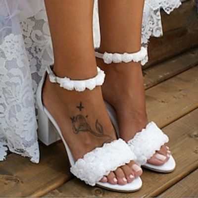 Women's Wedding Shoes White Shoes Dress Shoes Ankle Strap Heels Wedding Party Wedding Sandals Bridal Shoes Bridesmaid Shoes Lace Flower Chunky Heel Open Toe Elegant Classic PU Ankle Strap White Lightinthebox
