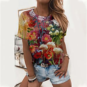 Women's Floral Theme Painting T shirt Floral Flower Print Round Neck Basic Tops White Blushing Pink Wine Lightinthebox