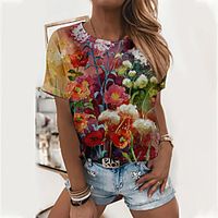 Women's Floral Theme Painting T shirt Floral Flower Print Round Neck Basic Tops White Blushing Pink Wine Lightinthebox - thumbnail