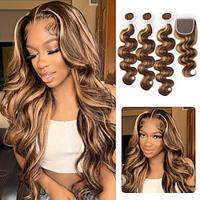 P4/27 Highlight Body Wave 3/4 Human Hair Bundles With 4x4 HD Lace Closure Pre-Plucked Brazilian Remy Hair Extention Lightinthebox