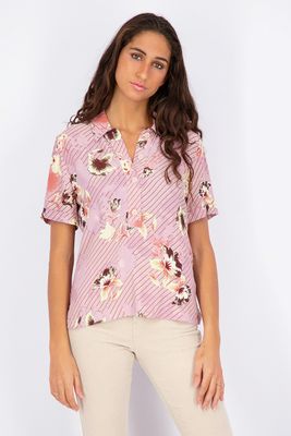 Womens Short Sleeve Printed Y-Neck Top Mauve Combo Womens Short Sleeve Printed Y-Neck Top Mauve Combo