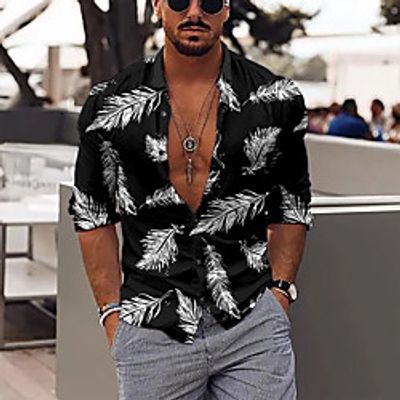Men's Shirt Leaves Button-Down Print Long Sleeve Street Tops Casual Fashion Breathable Comfortable Black / Fall / Winter miniinthebox