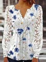 Round Neck Casual Loose Floral Print Lace Long Sleeve T-Shirt