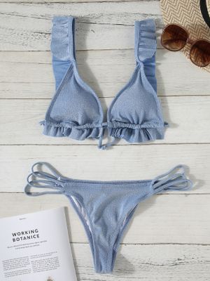 Gliter Ruffle Trim Design Tie-up Bacless Bikini Set