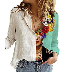 Women Casual Linen Cotton Plus Size Breathble Oil Painting Blouse Roll Up Sleeve V-Neck Loose S-XXXXXL Lightinthebox