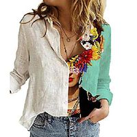 Women Casual Linen Cotton Plus Size Breathble Oil Painting Blouse Roll Up Sleeve V-Neck Loose S-XXXXXL Lightinthebox - thumbnail