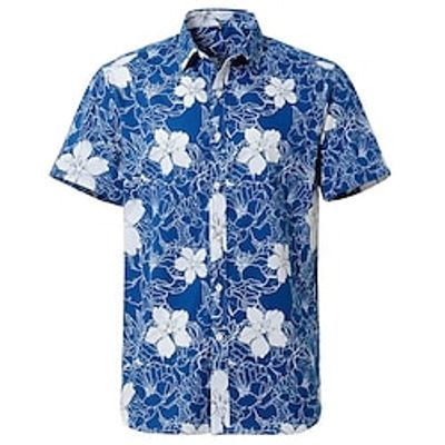 Men's Shirt 3D Print Floral Turndown Street Casual Button-Down Print Short Sleeve Tops Casual Fashion Hawaiian Breathable Blue Red Navy Blue miniinthebox