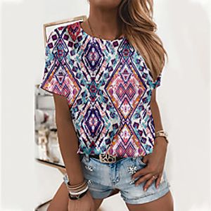 Women's Bohemian Theme Geometric Painting T shirt Color Block Geometric Print Round Neck Basic Tops Purple Lightinthebox