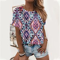 Women's Bohemian Theme Geometric Painting T shirt Color Block Geometric Print Round Neck Basic Tops Purple Lightinthebox - thumbnail