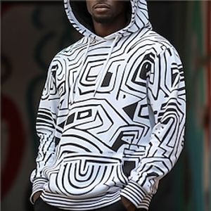 Graphic Geometric Fashion Daily Basic Men's 3D Print Hoodie Pullover Sports Outdoor Holiday Vacation Hoodies Black  White White Hooded Front Pocket Print Spring   Fall Designer Lightinthebox