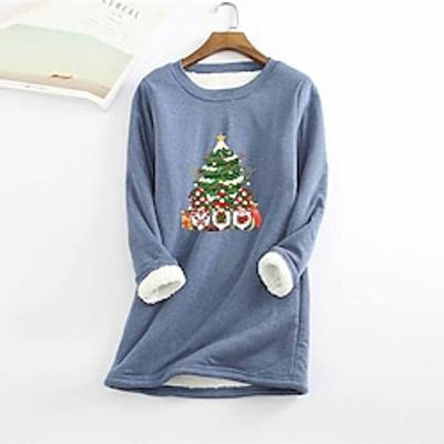 Women's Plus Size Christmas Fleece Tops Animal Tree Print Long Sleeve Crew Neck Casual Sherpa Fleece Vacation Polyester Winter Fall Green Yellow  T Shirt Dress Tee Dress  Casual Dress Lightinthebox