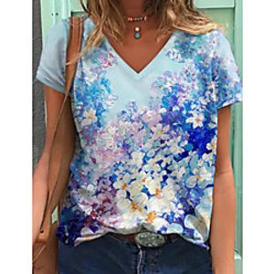 Women's Floral Theme Painting T shirt Floral Graphic Print V Neck Basic Tops Blue Lightinthebox