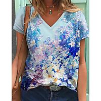 Women's Floral Theme Painting T shirt Floral Graphic Print V Neck Basic Tops Blue Lightinthebox - thumbnail