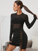 YOINS Pink Lace-up design Patch Mesh Mini Dress - thumbnail