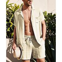 Men's Linen Shorts Summer Shorts Beach Shorts Set Drawstring Elastic Waist Plain Comfort Breathable Short Holiday Vacation Beach Hawaiian Boho Black White Lightinthebox