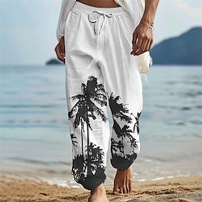 Coconut Tree Vintage Men's Pants Trousers Outdoor Daily Wear Beach Cotton Linen White Blue Green S M L Mid Waist Elasticity Pants Lightinthebox