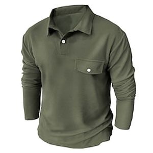 Men's Polo Shirt Golf Shirt Casual Holiday Lapel Classic Long Sleeve Fashion Basic Plain Button Pocket Summer Regular Fit Army Green Polo Shirt Lightinthebox