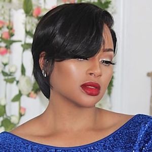 Human Hair 13x4x1 T Part Lace Front Wig Pixie Cut Wig Brazilian Hair Straight Black Wig 150% Density with Baby Hair Glueless Pre-Plucked For Black Women Short Human Hair Lace Wig Lightinthebox