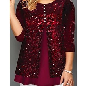 Women's Plus Size Tops Blouse Shirt Plain Sequins Half Sleeve Round Neck Festival Daily Weekend Polyester Fall Spring Wine Lightinthebox