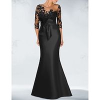 Mermaid Evening Gown Elegant Black Dress Wedding Guest Fall Floor Length 34 Length Sleeve Jewel Neck Satin with Bow(s) Beading Appliques 2023 Lightinthebox - thumbnail