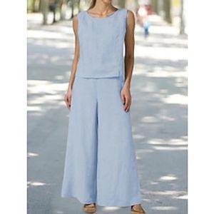 Women's Tank Top Pants Sets Pants Trousers Streetwear Blue Khaki Casual Daily Plain Round Neck S M L XL 2XL miniinthebox